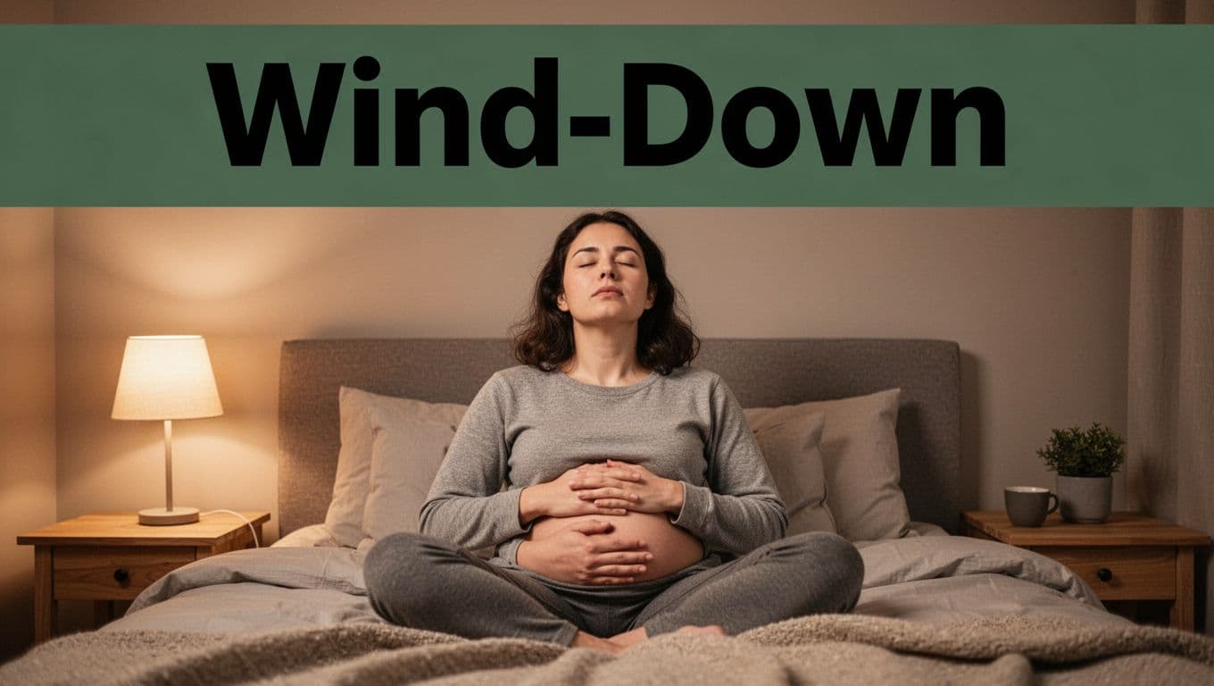 A person sits on a bed performing a deep breathing exercise, eyes closed, hands on belly, in a cozy room with soft lamp light. Bold 'Wind-Down' headline in geometric sans-serif font on a muted dark-green band near the top.